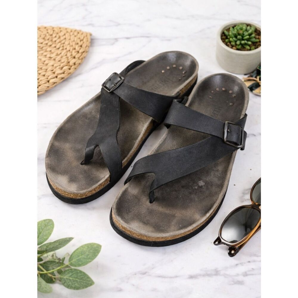 Mephisto Black Leather Cork Footbed Thong Sandals Buckle Slides Size 10